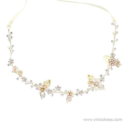 Hand-wired Crystal Petals Bridal Headband with Tieback and Pearl ACC1113-Headpieces 2025 -Viniodress-Silver-