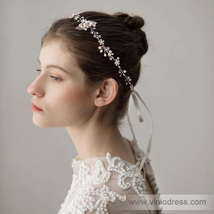 Hand-wired Crystal Petals Bridal Headband with Tieback and Pearl ACC1113-Headpieces 2025 -Viniodress-Silver-