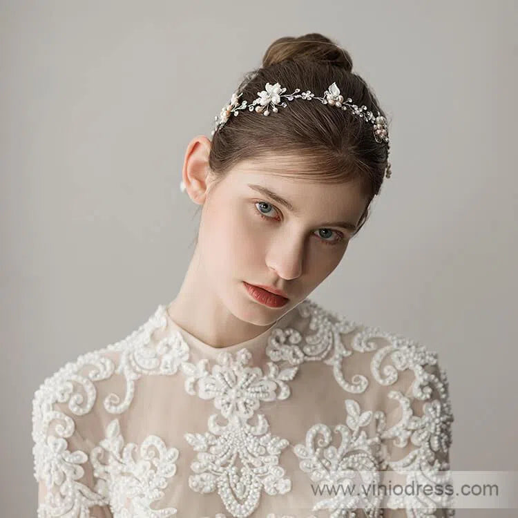 Hand-wired Crystal Petals Bridal Headband with Tieback and Pearl ACC1113-Headpieces 2025 -Viniodress-Silver-