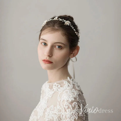 Hand-wired Crystal Petals Bridal Headband with Tieback and Pearl ACC1113-Headpieces 2025 -Viniodress-Silver-