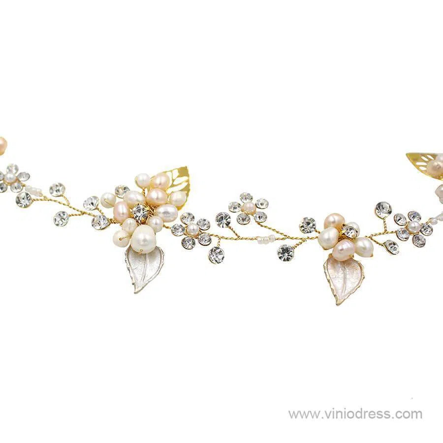 Hand-wired Crystal Petals Bridal Headband with Tieback and Pearl ACC1113-Headpieces-Viniodress-Viniodress