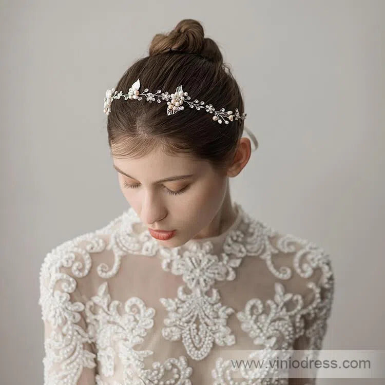 Hand-wired Crystal Petals Bridal Headband with Tieback and Pearl ACC1113-Headpieces-Viniodress-Silver-Viniodress