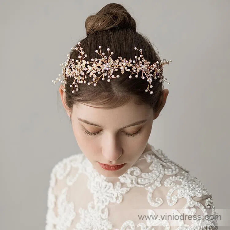 Hand-wired Gold Scattered Pearls Headband 1098-Headpieces 2025 -Viniodress-Gold-