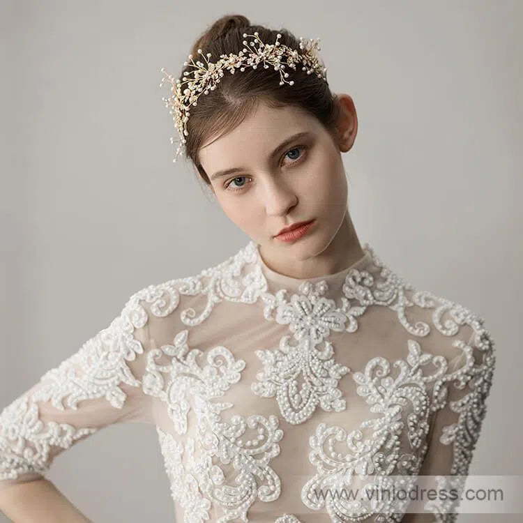 Hand-wired Gold Scattered Pearls Headband 1098-Headpieces 2025 -Viniodress-Gold-