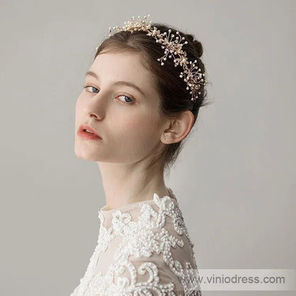 Hand-wired Gold Scattered Pearls Headband 1098-Headpieces 2025 -Viniodress-Gold-