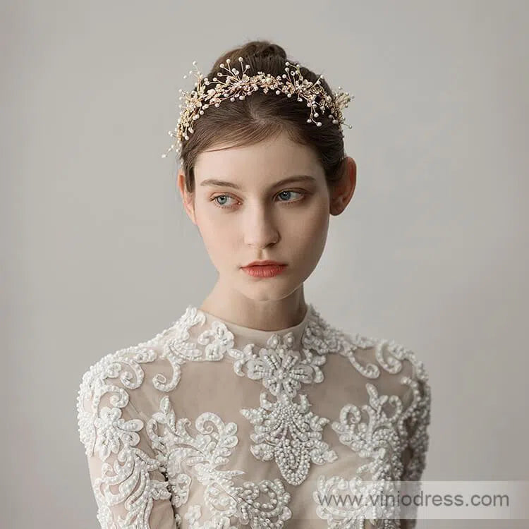 Hand-wired Gold Scattered Pearls Headband 1098-Headpieces 2025 -Viniodress-Gold-
