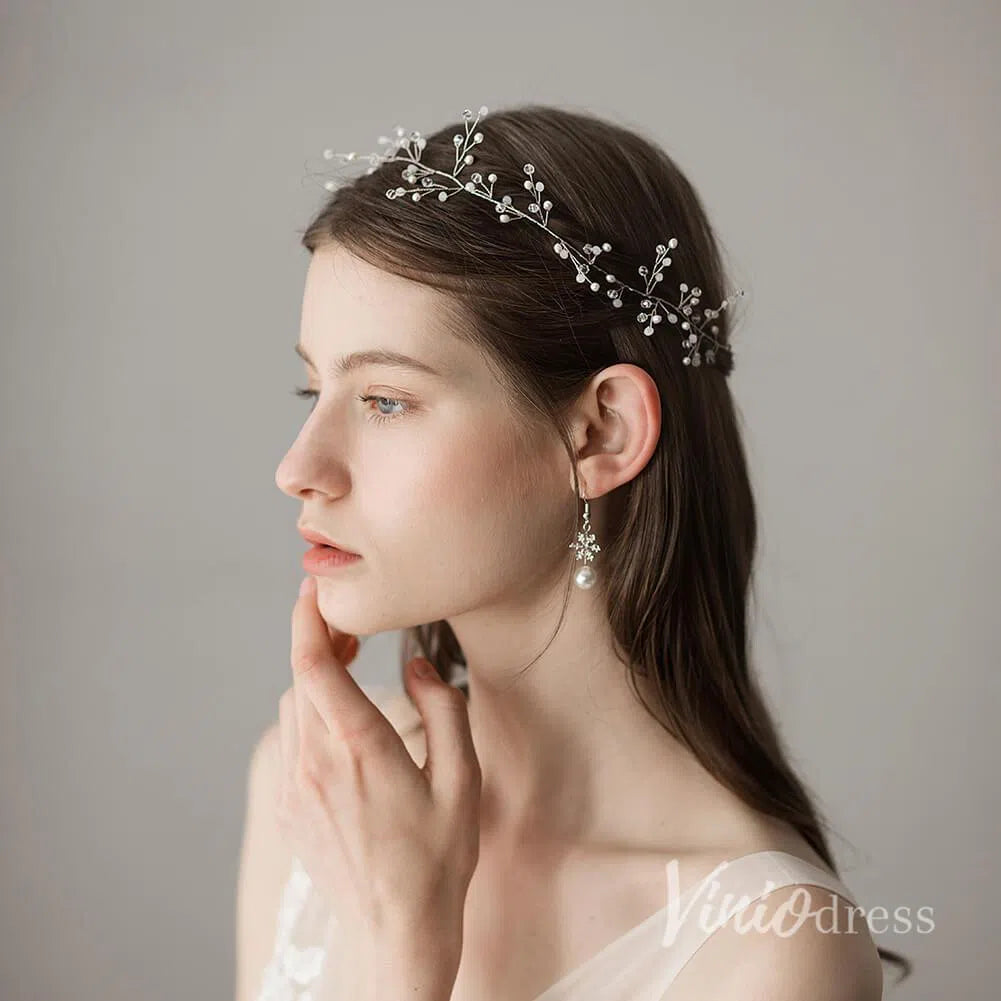 Hand-wired Silver Sprig Headband with Crystals ACC1100-Headpieces-Viniodress-Silver-Viniodress