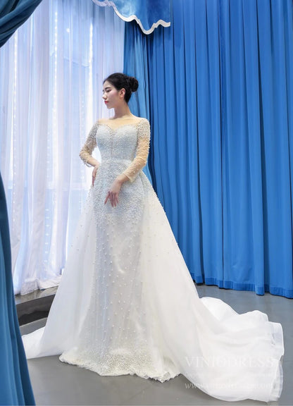 Haute Couture Beaded Pearls Wedding Dresses with Long Sleeves VW1783-wedding dresses 2025 -Viniodress-Ivory-Custom Size-