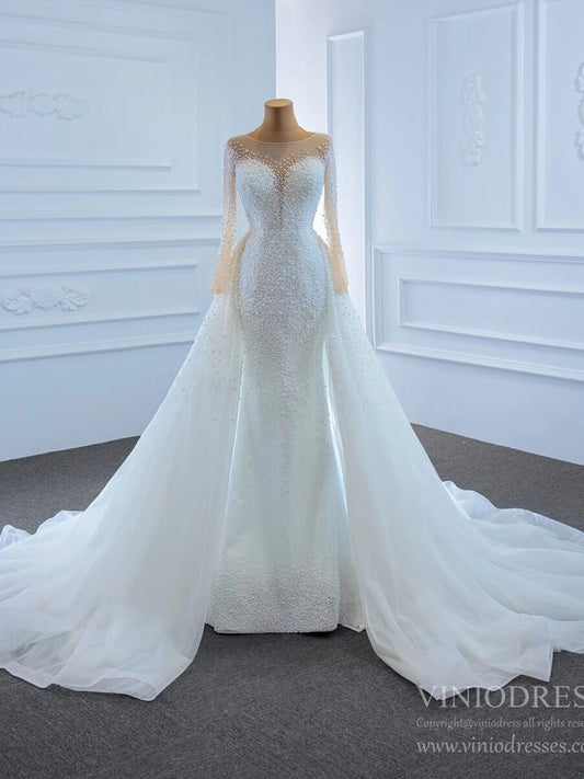Haute Couture Beaded Pearls Wedding Dresses with Long Sleeves VW1783-wedding dresses 2025 -Viniodress-Ivory-Custom Size-