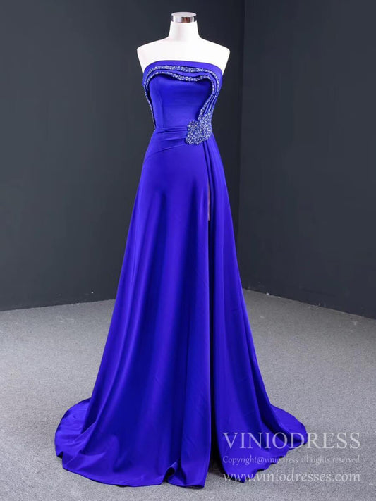 Haute Couture Beaded Royal Blue Prom Dresses with Slit FD2142-prom dresses 2025 -Viniodress-Royal Blue-Custom Size-