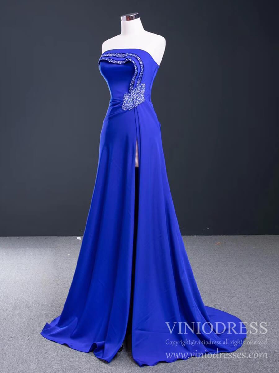 Haute Couture Beaded Royal Blue Prom Dresses with Slit FD2142-prom dresses 2025 -Viniodress-Royal Blue-Custom Size-