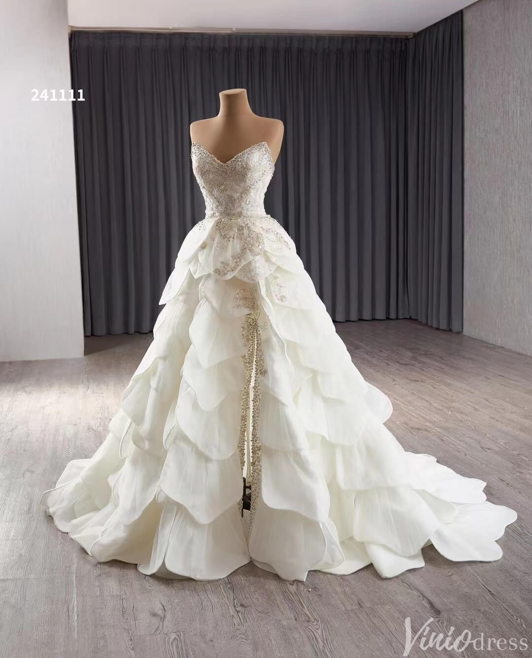 Haute Couture Beaded Tiered Balll Gown Wedding Dresses with Slit 241111-wedding dresses 2025 -Viniodress-Ivory-Custom Size-