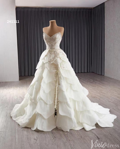 Haute Couture Beaded Tiered Balll Gown Wedding Dresses with Slit 241111-wedding dresses 2025 -Viniodress-Ivory-Custom Size-