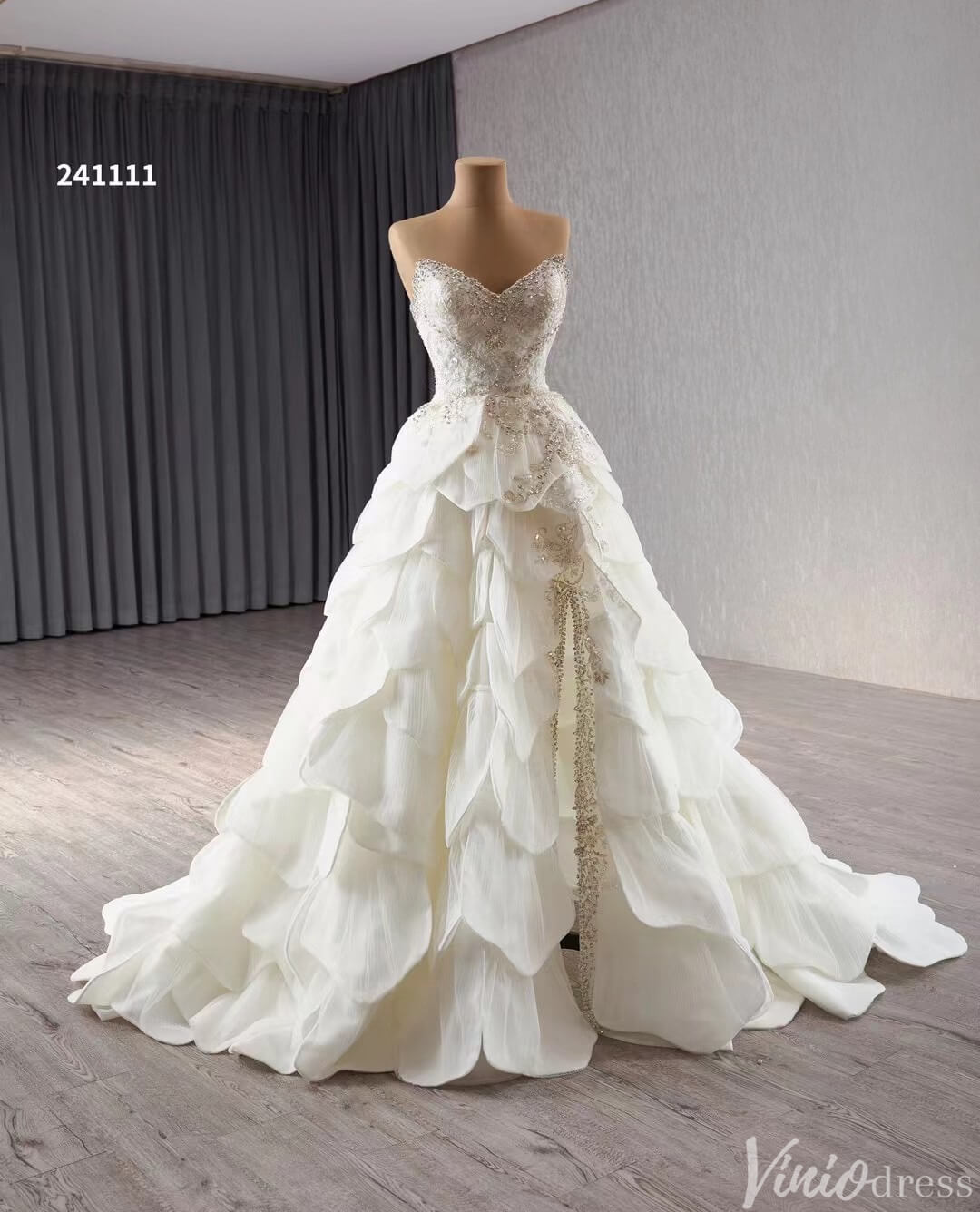 Haute Couture Beaded Tiered Balll Gown Wedding Dresses with Slit 241111-wedding dresses 2025 -Viniodress-Ivory-Custom Size-