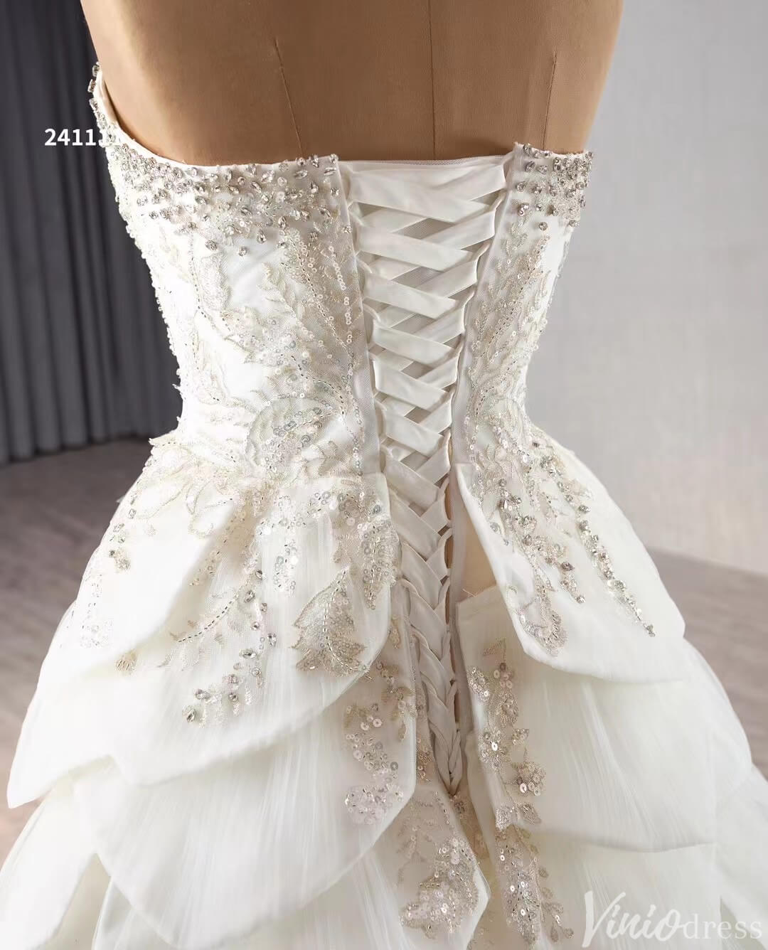 Haute Couture Beaded Tiered Balll Gown Wedding Dresses with Slit 241111-wedding dresses 2025 -Viniodress-Ivory-Custom Size-