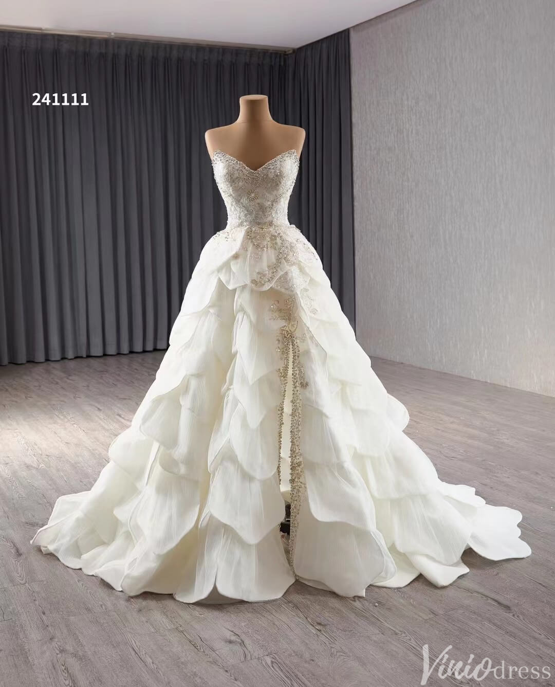 Haute Couture Beaded Tiered Balll Gown Wedding Dresses with Slit 241111-wedding dresses 2025 -Viniodress-Ivory-Custom Size-