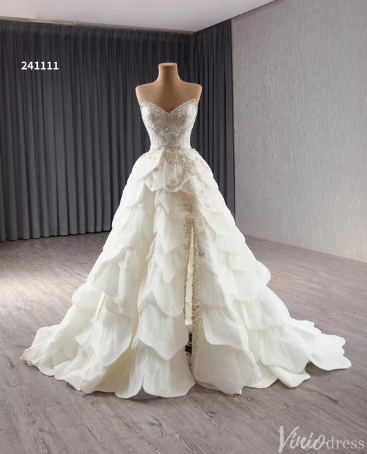 Haute Couture Beaded Tiered Balll Gown Wedding Dresses with Slit 241111-wedding dresses 2025 -Viniodress-Ivory-Custom Size-