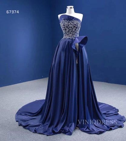 Haute couture Blue Satin Prom Dresses with Slit viniodress-prom dresses 2025 -Viniodress-Blue-US2-