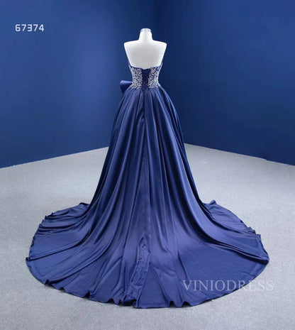 Haute couture Blue Satin Prom Dresses with Slit viniodress-prom dresses 2025 -Viniodress-Blue-US2-