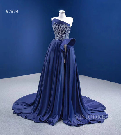 Haute couture Blue Satin Prom Dresses with Slit viniodress-prom dresses 2025 -Viniodress-Blue-US2-