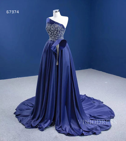 Haute couture Blue Satin Prom Dresses with Slit viniodress-prom dresses 2025 -Viniodress-Blue-US2-