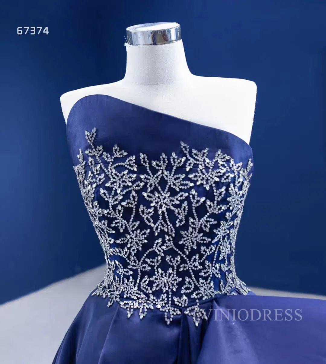 Haute couture Blue Satin Prom Dresses with Slit viniodress-prom dresses 2025 -Viniodress-Blue-US2-