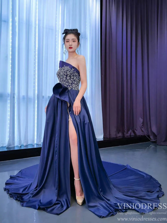 Haute couture Blue Satin Prom Dresses with Slit viniodress-prom dresses 2025 -Viniodress-Blue-US2-