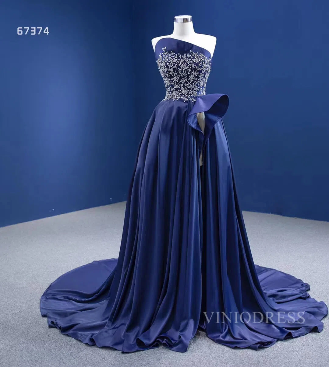 Haute couture Blue Satin Prom Dresses with Slit viniodress-prom dresses-Viniodress-Viniodress