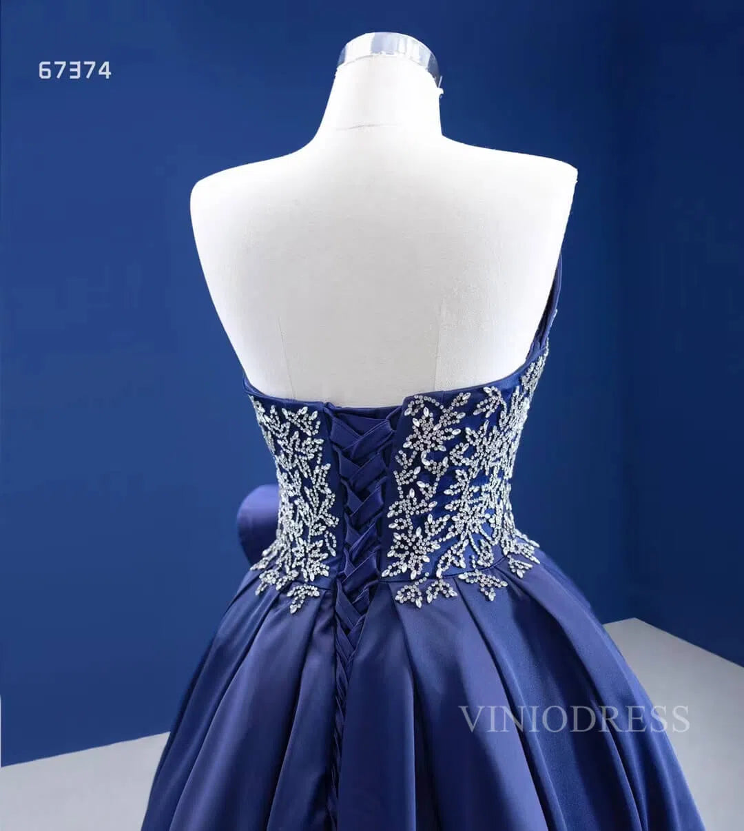 Haute couture Blue Satin Prom Dresses with Slit viniodress-prom dresses-Viniodress-Viniodress