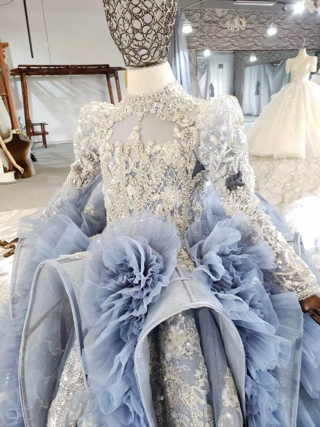 Haute Couture Dusty Blue Ball Gown for Kids KD1031-Girls Prom Dresses-Viniodress-Viniodress