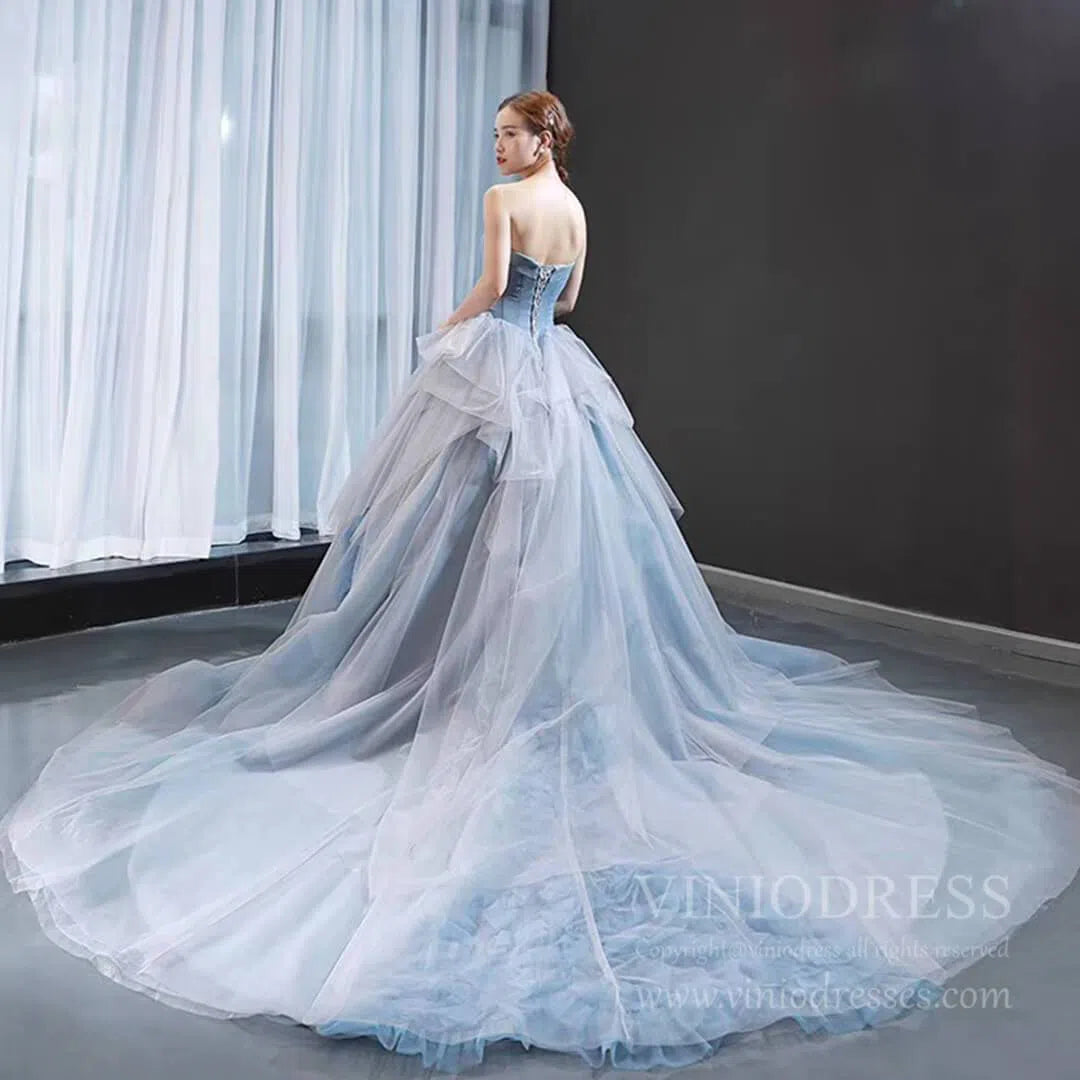 Haute Couture Dusty Blue Ball Gown Strapless Sweet 15 Dresses FD1680 viniodress-prom dresses 2025 -Viniodress-Chapel Train-Dusty Blue-Custom Size
