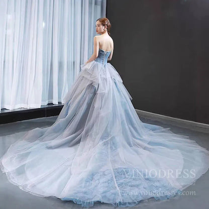 Haute Couture Dusty Blue Ball Gown Strapless Sweet 15 Dresses FD1680 viniodress-prom dresses 2025 -Viniodress-Chapel Train-Dusty Blue-Custom Size