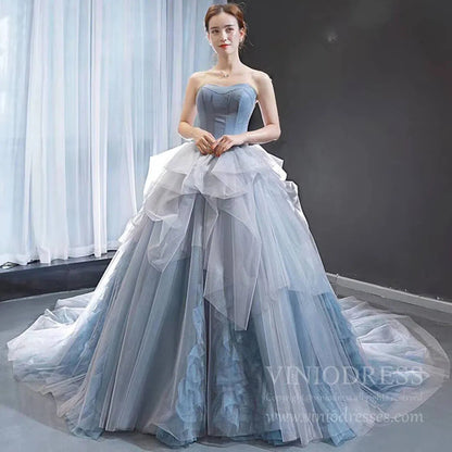 Haute Couture Dusty Blue Ball Gown Strapless Sweet 15 Dresses FD1680 viniodress-prom dresses 2025 -Viniodress-Chapel Train-Dusty Blue-Custom Size