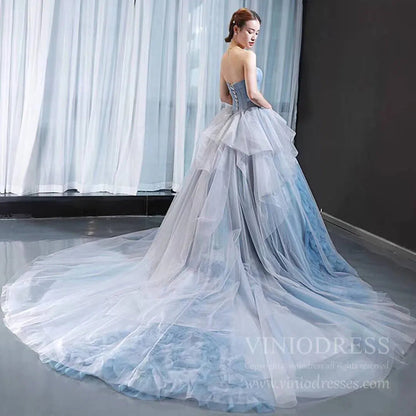 Haute Couture Dusty Blue Ball Gown Strapless Sweet 15 Dresses FD1680 viniodress-prom dresses 2025 -Viniodress-Chapel Train-Dusty Blue-Custom Size