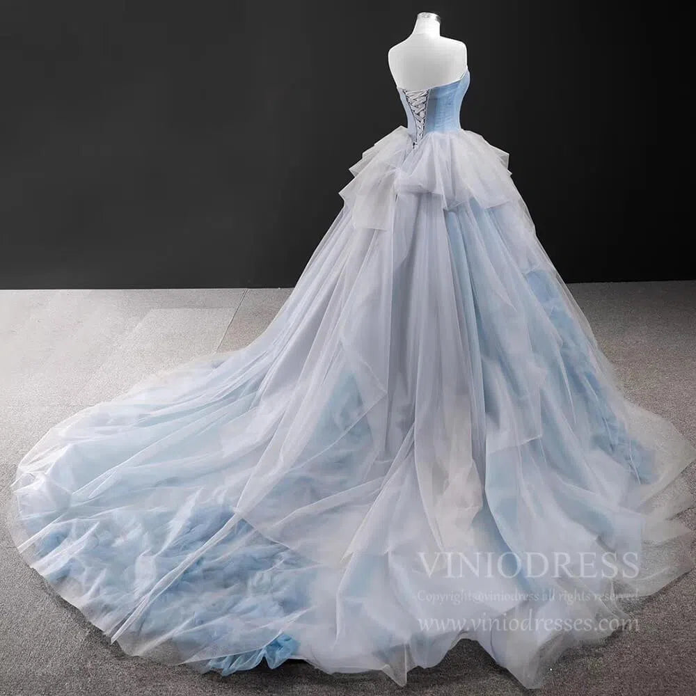 Haute Couture Dusty Blue Ball Gown Strapless Sweet 15 Dresses FD1680 viniodress-prom dresses 2025 -Viniodress-Chapel Train-Dusty Blue-Custom Size