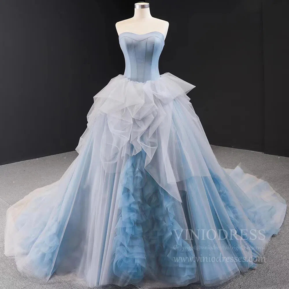 Haute Couture Dusty Blue Ball Gown Strapless Sweet 15 Dresses FD1680 viniodress-prom dresses 2025 -Viniodress-Chapel Train-Dusty Blue-Custom Size