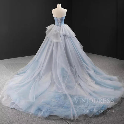 Haute Couture Dusty Blue Ball Gown Strapless Sweet 15 Dresses FD1680 viniodress-prom dresses 2025 -Viniodress-Chapel Train-Dusty Blue-Custom Size