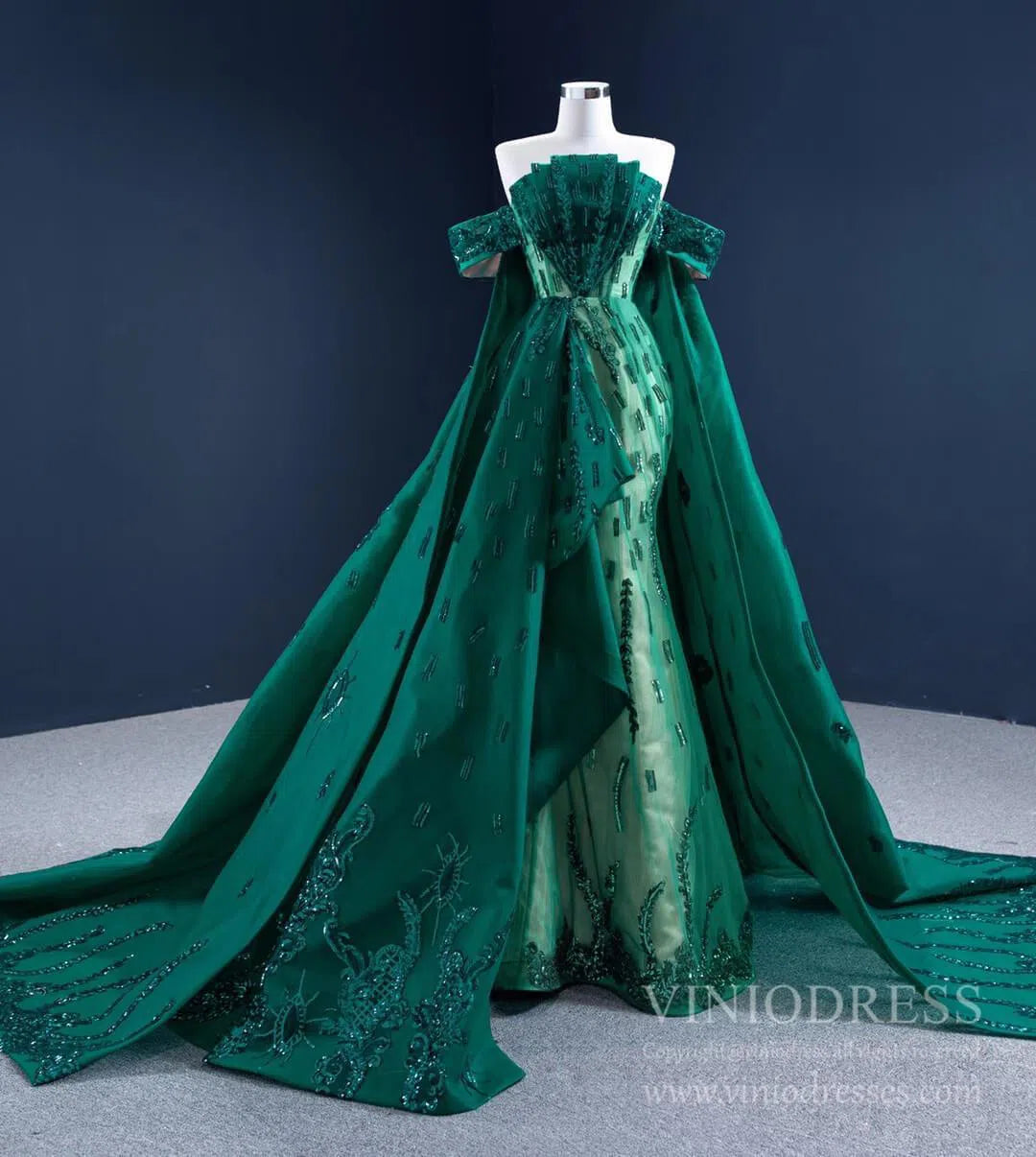 Haute Couture Green Cape Prom Dresses Sequin Pageant Gown 67231 viniodress-prom dresses-Viniodress-Viniodress