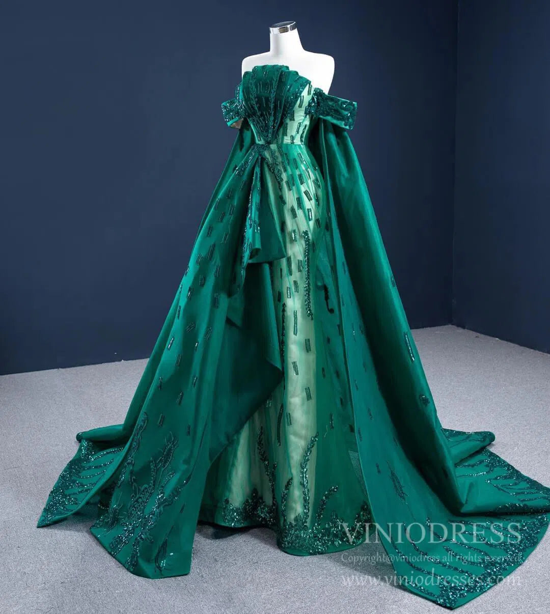 Haute Couture Green Cape Prom Dresses Sequin Pageant Gown 67231 viniodress-prom dresses-Viniodress-Viniodress