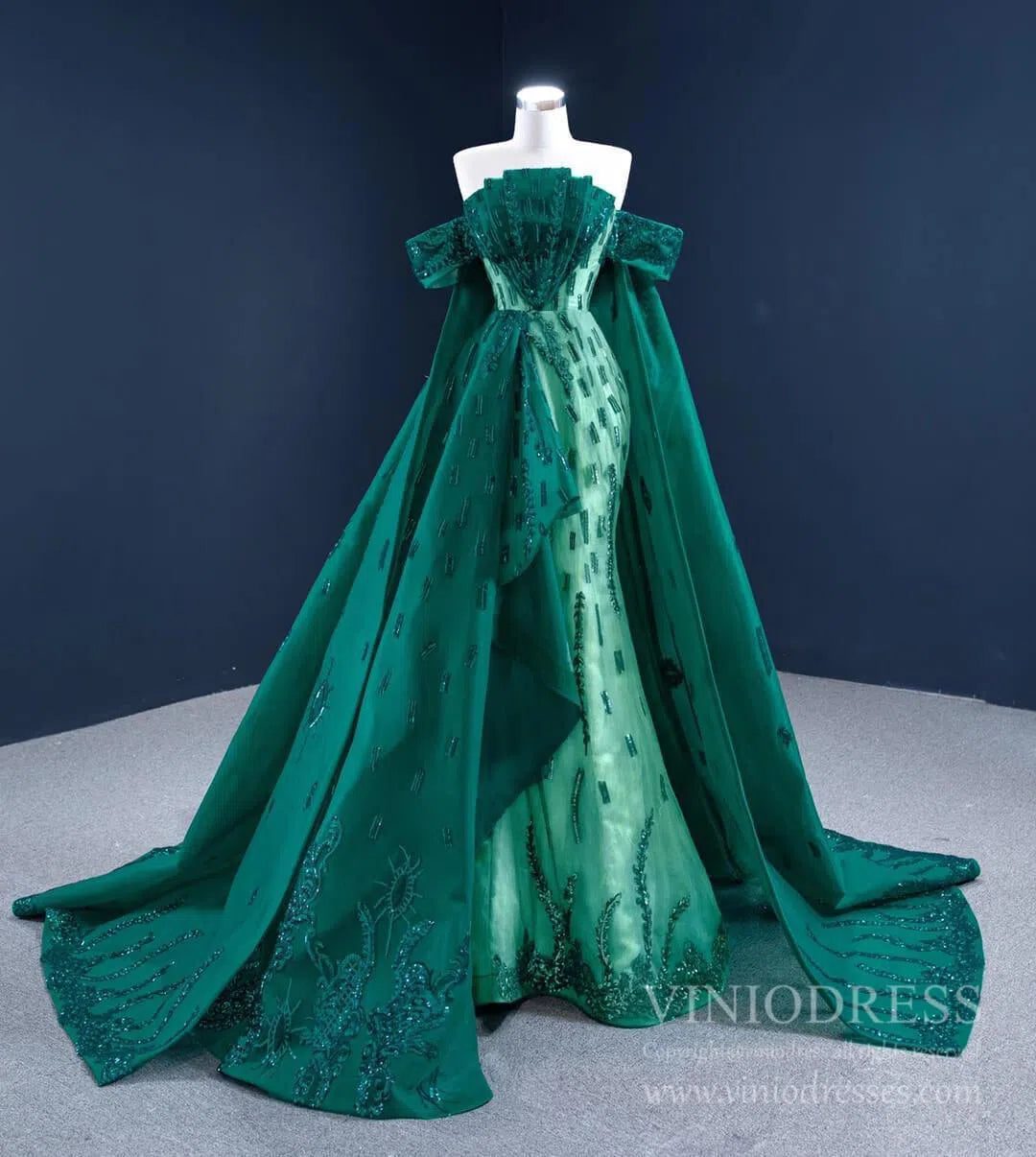 Haute Couture Green Cape Prom Dresses Sequin Pageant Gown 67231 viniodress-prom dresses-Viniodress-Viniodress