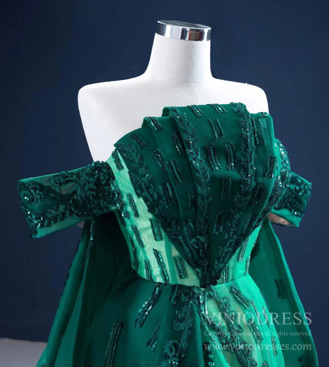 Haute Couture Green Cape Prom Dresses Sequin Pageant Gown 67231 viniodress-prom dresses-Viniodress-Viniodress