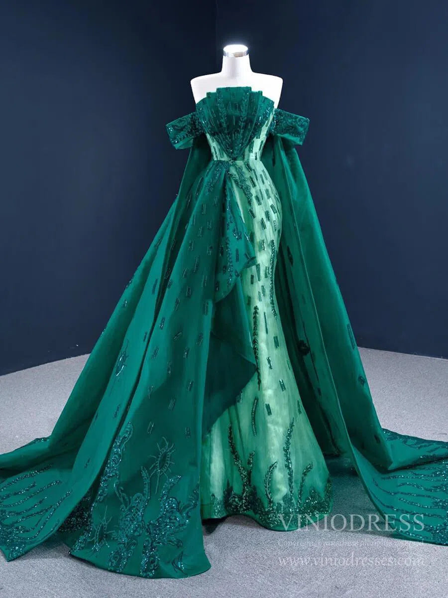 Haute Couture Green Cape Prom Dresses Sequin Pageant Gown 67231 viniodress-prom dresses-Viniodress-As Picture-Custom Size-Viniodress