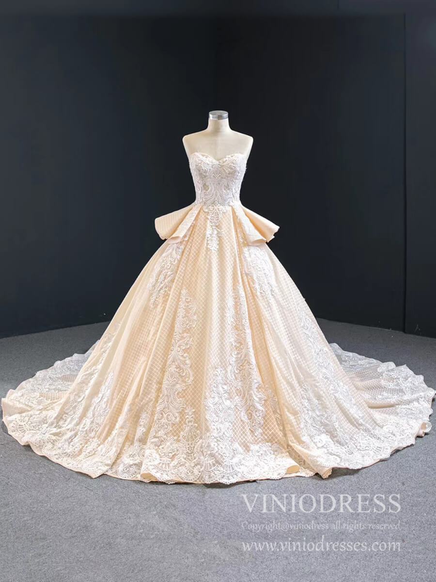 Prom Dress 2025 Haute Couture Lace Wedding Dresses Sweetheart Champagne Ball Gown VW1754-unique wedding dresses-Champagne-Custom Size-Viniodress