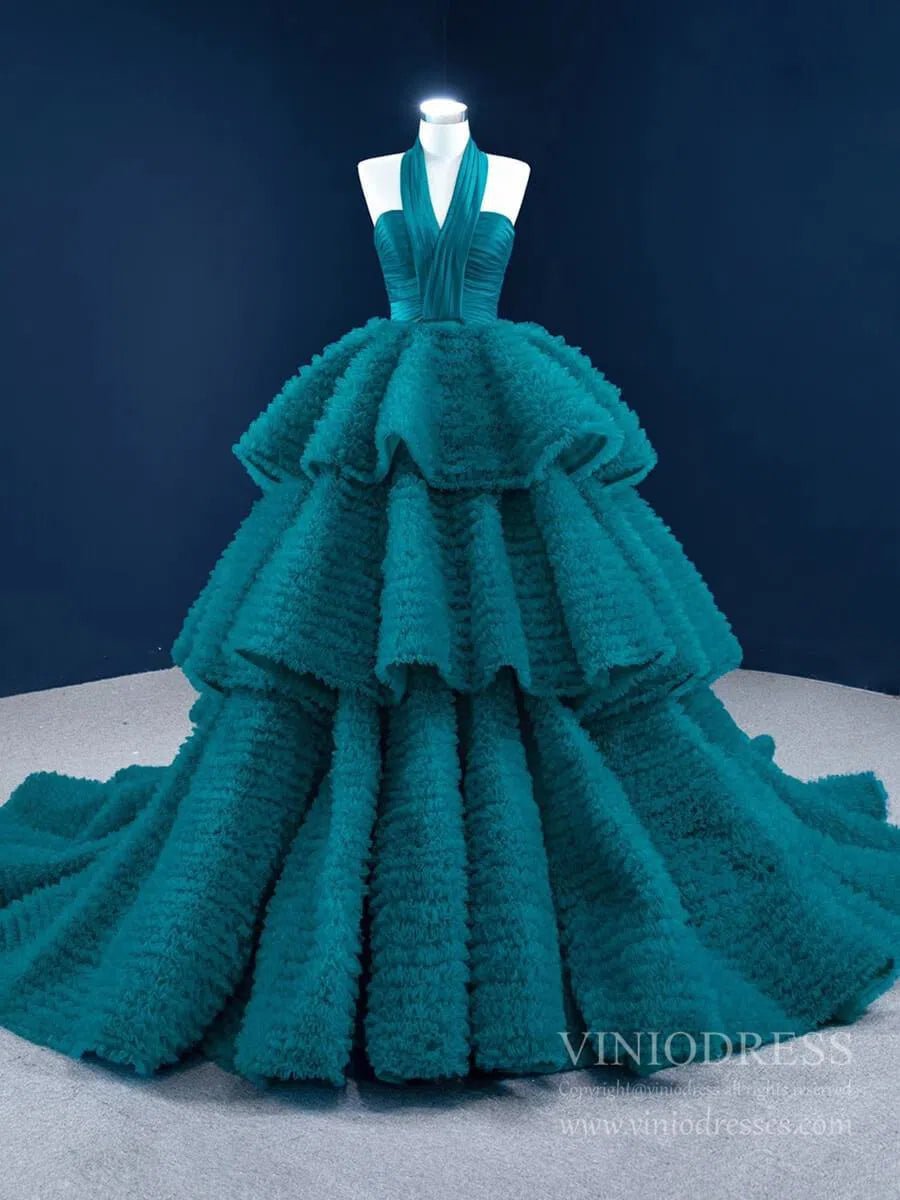 Haute Couture Peacock Blue Quince Dress Halter Ball Gown Prom Dresses Viniodress Haute Couture Peacock Blue Quince Dress Halter Ball Gown Prom Dresses Viniodress