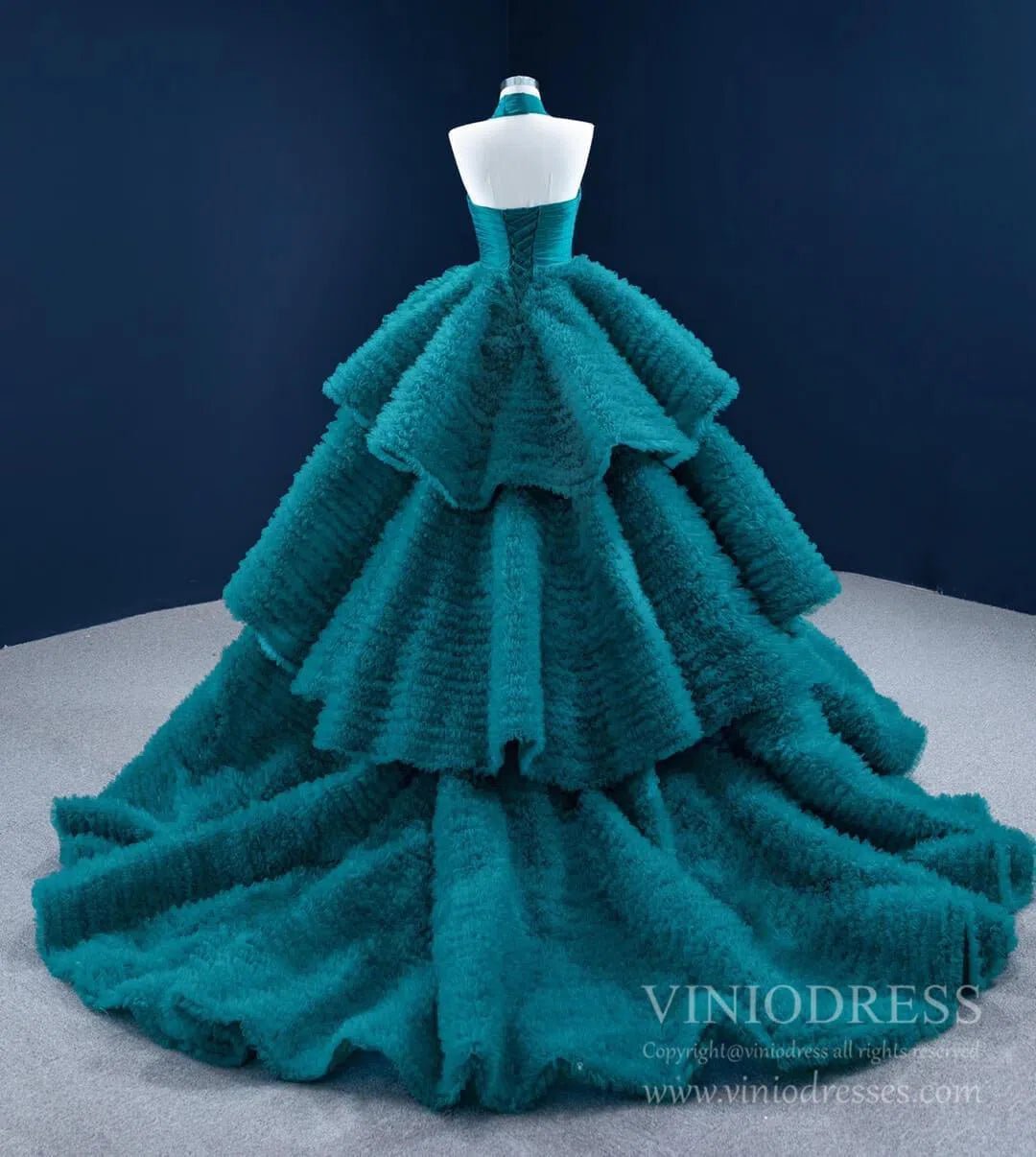 Haute Couture Peacock Blue Quince Dress Halter Ball Gown Prom Dresses viniodress-Quinceanera Dresses 2025 -Viniodress-Peacock Blue-Custom Size-