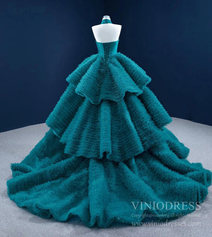 Haute Couture Peacock Blue Quince Dress Halter Ball Gown Prom Dresses viniodress-Quinceanera Dresses 2025 -Viniodress-Peacock Blue-Custom Size-