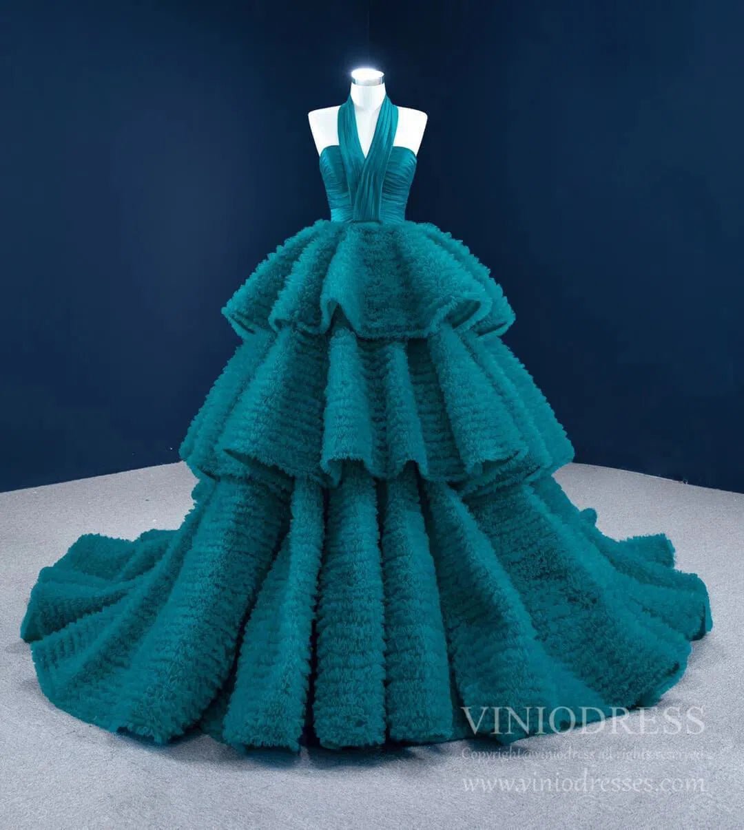 Haute Couture Peacock Blue Quince Dress Halter Ball Gown Prom Dresses viniodress-Quinceanera Dresses 2025 -Viniodress-Peacock Blue-Custom Size-