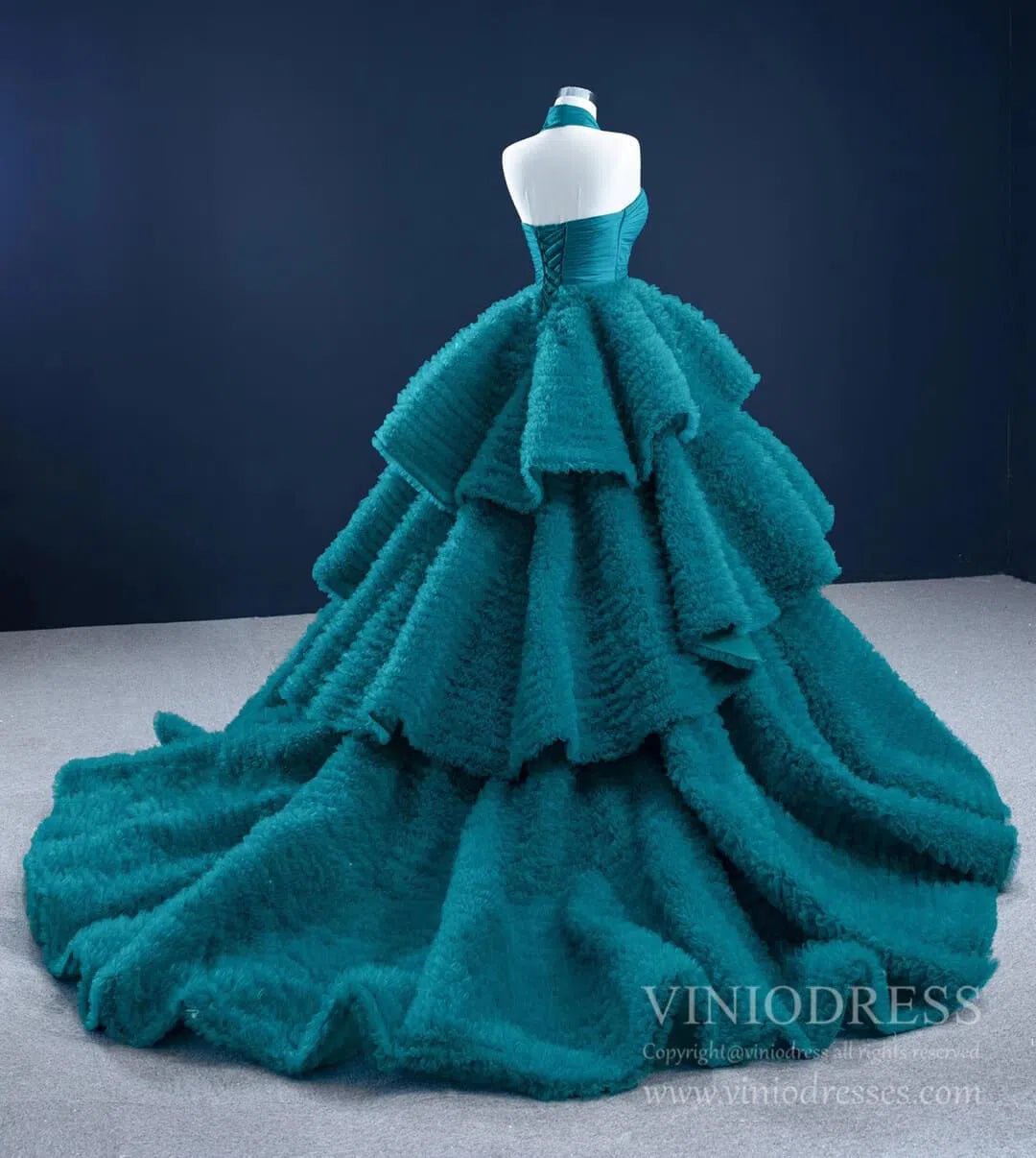 Haute Couture Peacock Blue Quince Dress Halter Ball Gown Prom Dresses viniodress-Quinceanera Dresses 2025 -Viniodress-Peacock Blue-Custom Size-