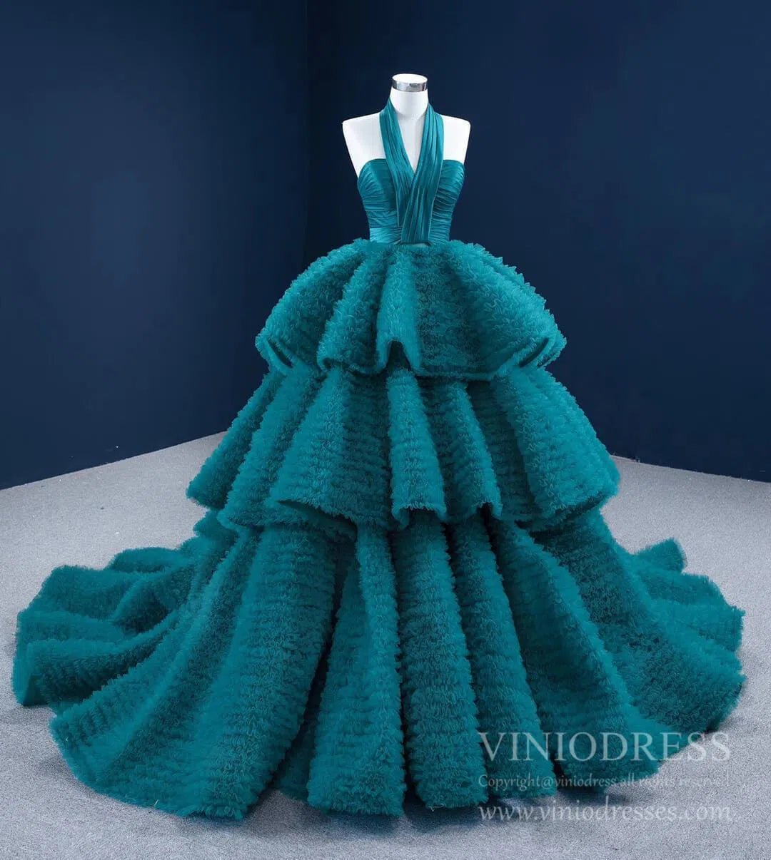 Haute Couture Peacock Blue Quince Dress Halter Ball Gown Prom Dresses viniodress-Quinceanera Dresses 2025 -Viniodress-Peacock Blue-Custom Size-