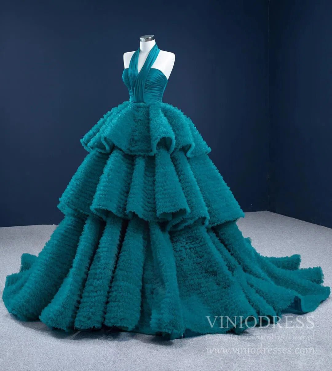 Haute Couture Peacock Blue Quince Dress Halter Ball Gown Prom Dresses viniodress-Quinceanera Dresses 2025 -Viniodress-Peacock Blue-Custom Size-